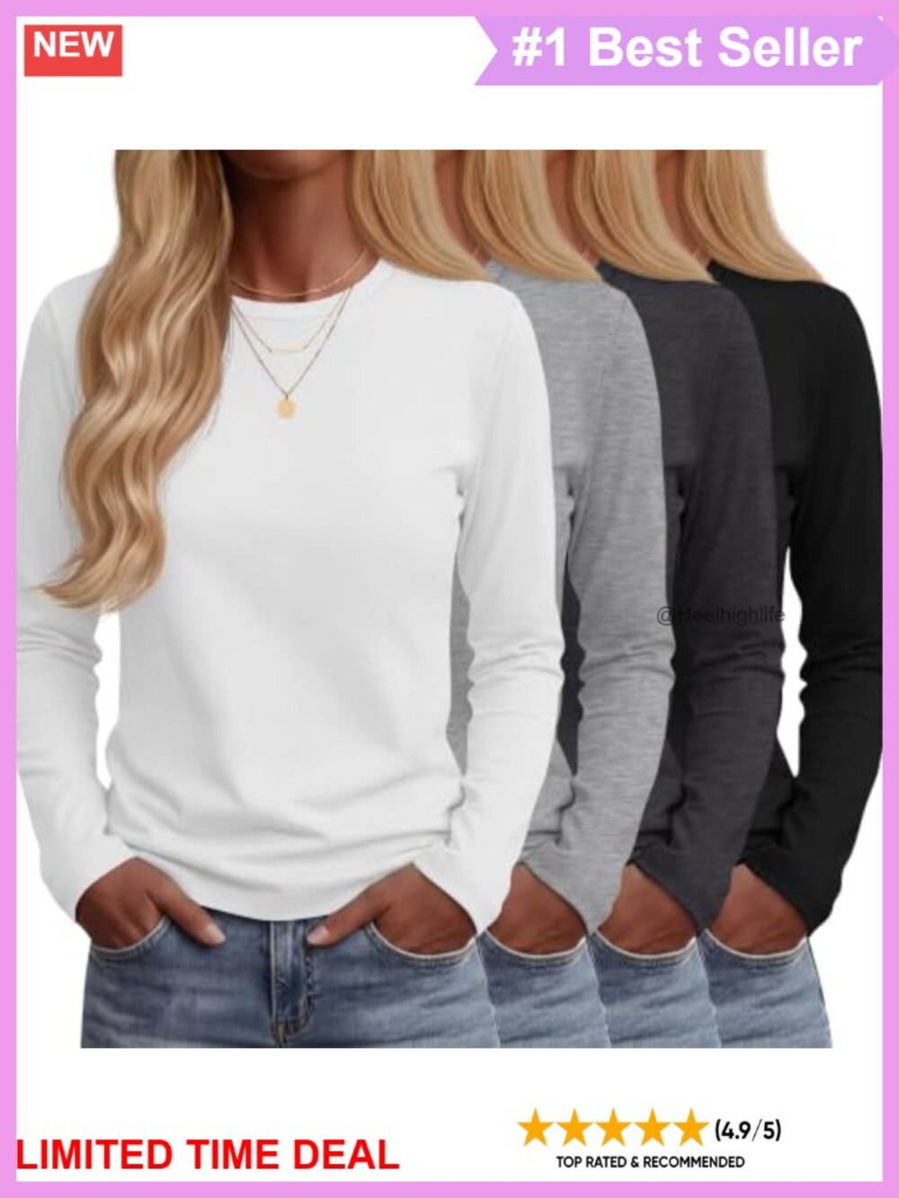 4 Pack Women's Long Sleeve Crew Neck Relaxed Fit T-Shirts